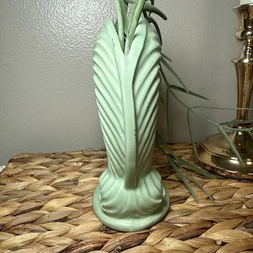 MCM Mint Green Nautilus Shell Vase Fiddlehead Fern Style Matte Pottery Decor